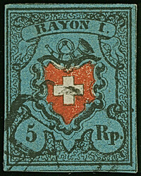 1850, Rayon I, 5 Rp. Mit Kreuzeinfassung, farbfrisch und voll- bis ...