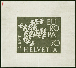 1961, CEPT 50 Rp., ungezähnte Druckprobe in schwarz auf weißem ...