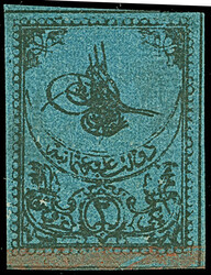 1862, Tughra first printing, 2 pia. black on thin deep blue paper, ...