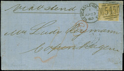 1862/64, 9 d. straw, tied by duplex "545/NEWCASTLE-ON-TYNE AP 23 63" ...