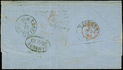 1862/64, 9 d. straw, tied by duplex "545/NEWCASTLE-ON-TYNE AP 23 63" ...