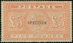 1882, £5 orange on blued paper, AA, handstamped "SPECIMEN", type 9, ...