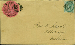1889, ½ a. black on pink with embossed 'peacock', tied by native ...