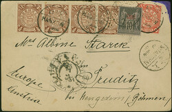 1898, Coiling Dragon ½ c. brown horizontal strip of four together ...