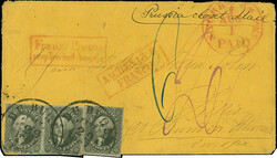 1851/57, 12 c. black, a pair and a single, margins in places and ...