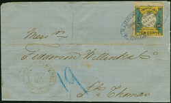 1875, 10C. schwarz/blaugrün/gelb, Oberrandstück,oben ungezähnt, ...