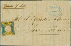 1875, 10C. schwarz/blaugrün/gelb, links ungezähnt sauber mit ...