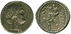 RÖMISCHE REPUBLIK: 47/46 v. Chr., Julius Caesar, Denarius, Av. ...