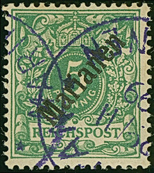 1899/1900, Steilaufdruck 5 Pfg. mit violettem Stempel “SAIPAN ...