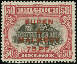 1920, 75 PF. auf 50 Cent karmin/schwarz, gezähnt 14 ¾:15, ...