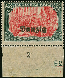 1920, Germania 5 M., Unterrandstück mit Plattennummer, durch ...