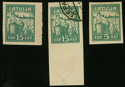1919, Liberation of Riga 5 and 15 kopeks green, on multicolored resp. ...