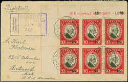 1931, Tuberculosis care 25 santimi, block of six from the upper left ...