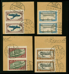 1933, Airmail Charity 8-40 santimi, imperforated vertical pairs, tied ...