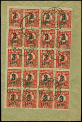 1922, New Currency surcharge 3 centu on 40 skatiku, block of 20,tied ...