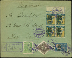 1922, New Currency surcharge 15 centu on 4 auksinas, block of ...