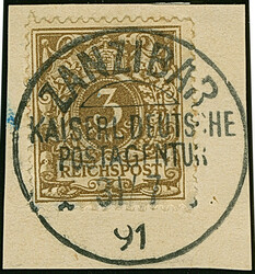 3 Pfg. mit zentrischem Letzttags-Stempel "ZANZIBAR 31/7 91" auf ...