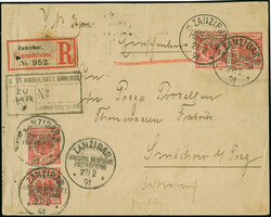 10 Pfg., 2 Einzelstücke und senkrechtes Paar, mit Stempel "ZANZIBAR ...