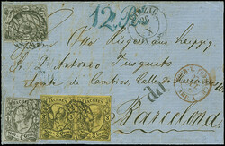 3 Ngr. auf gelb im waagerechten Paar und 2 Einzelwerte ½ Ngr. auf ...