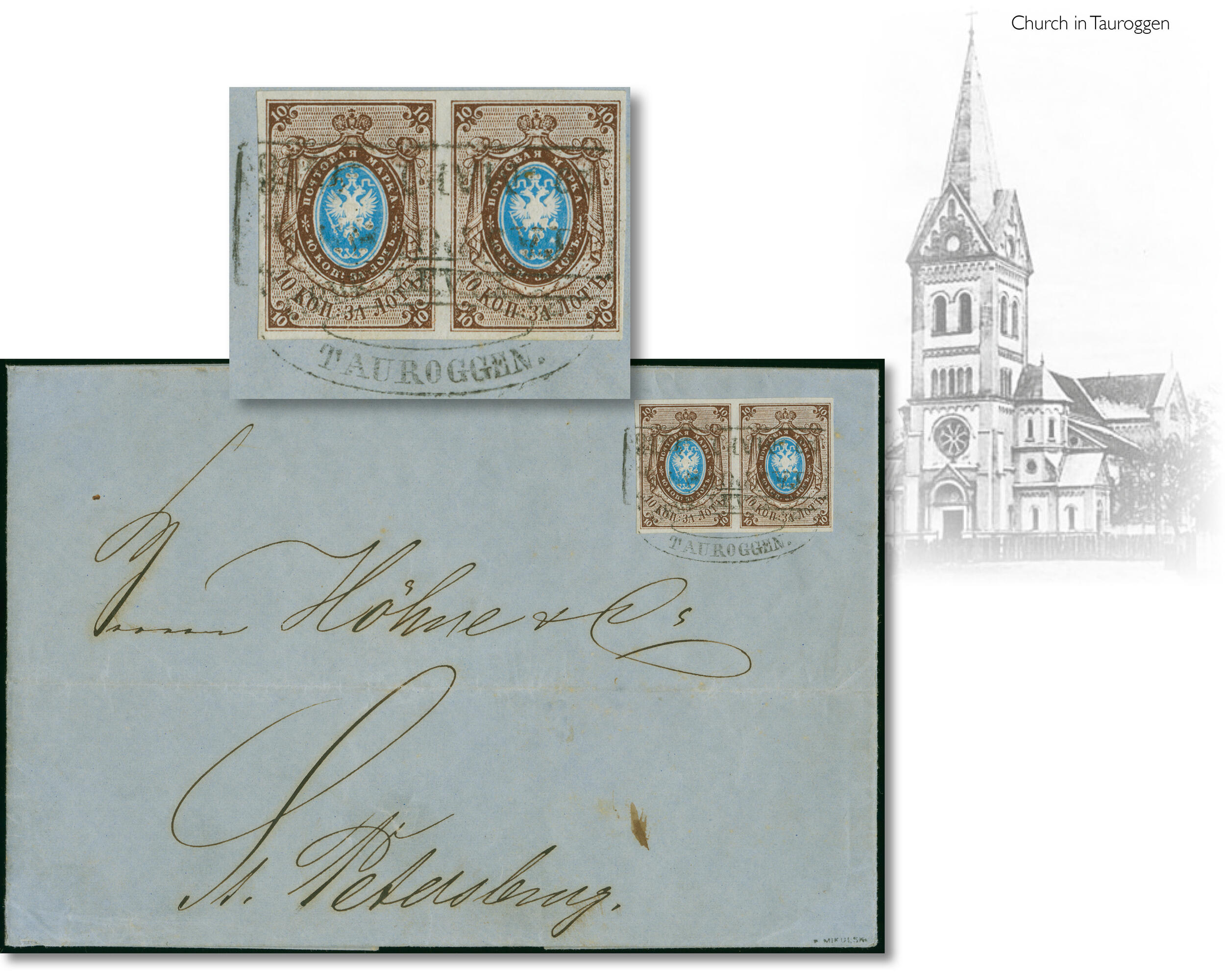 TAUROGGEN (Lithuania): 10 kopeck brown & blue, horizontal pair with ...