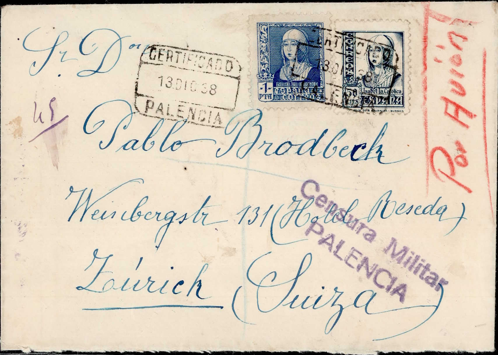 Spanien Bürgerkrieg Zensurpost nach Zürich (Schweiz) ...