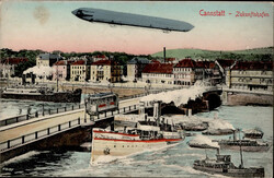 Stuttgart (7000) Cannstatt, Zukunfts-AK, Strassenbahn, Zeppelin I-II