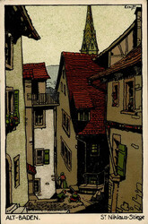 BADEN (Aargau) - Künstler-Steindruck Alt-Baden St.Niklaus-Stiege ...