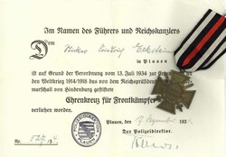 WK II ORDEN - EHRENKREUZ für FRONTKÄMPFER mit VERLEIHUNGSURKUNDE ...
