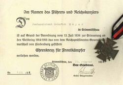 WK II ORDEN - EHRENKREUZ für FRONTKÄMPFER mit VERLEIHUNGSURKUNDE ...
