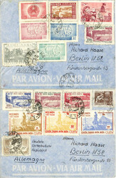 Vietnam, diverse tw. kpl. Ausgaben auf zwei Luftpost-Briefen 1957