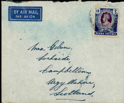 Burma brit. (Birma) 1 Rupie EF auf Luftpost-Brief 1938  Automatically ...
