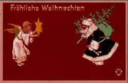 Weihnachten Fröhliche Weihnachten Engel und Weihnachtsmann Präge-AK ...