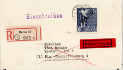 Berlin 5 Mark Schwarzaufdruck EF auf überfrankiertem ...