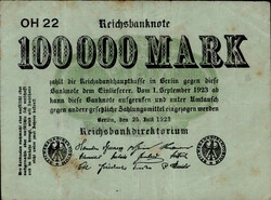 Judaika Reichsbanknoten 100000 Mark mit antisemitischen Zudruck