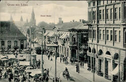 Libau (Lettland) Neuer markt, Litfaßsäule, Strassenbahn 1906 I-II  ...