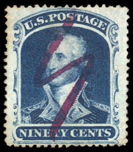 1860, 90¢ blue. Deep rich color, neat magenta manuscript cancel, ...