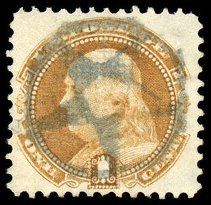 1869, 1¢ buff. Socked-on-the-nose strike of Hollow 5-Point Star in ...