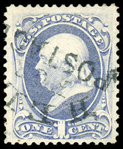 1870, 1¢ ultramarine, N.B.N.C. printing. Cancelled by unusual "Held ...