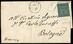 Romagna, 1859, 3b black on dark green. Four large balanced margins, ...
