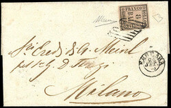 Romagna, 1859, 8b black on rose. Four large even margins, tied on ...