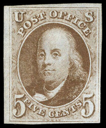 1847, 5¢ red brown. O.g., lightly hinged, a lovely four margin ...