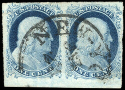 1852, 1¢ blue, type IV, bottom margin horiz. pair. Pos. 98-99L1L, ...