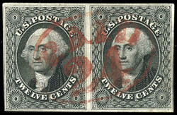 1851, 12¢ gray black. Horizontal Pair (Positions 66-67R1, right ...
