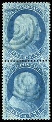 1861, 1¢ blue, types I & II. Vertical pair (top type I, bottom type ...