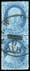1861, 1¢ blue, types I & II. Positions 66/76R12, vertical pair (top ...