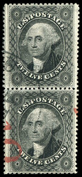 1857, 12¢ black, plate I. vertical pair, outstanding centering amid ...