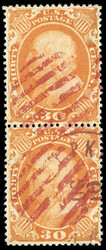 1860, 30¢ orange. vertical pair, both stamps with exceptionally ...