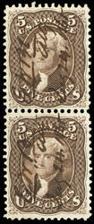 1863, 5¢ brown. Vertical Pair, each with neat 1865 manuscript ...