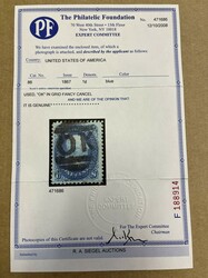 1867, 1¢ blue, E. grill. Wonderful strike of fancy "OK" in grid, ...