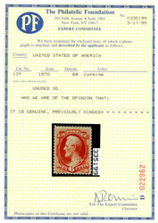 1870, 6¢ carmine, H. grill, N.B.N.C. printing. O.g., lightly hinged, ...